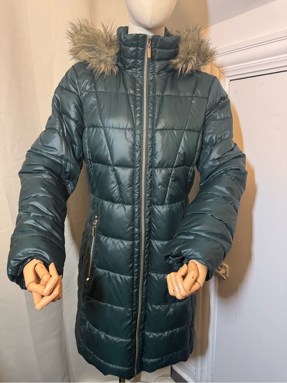 Gallery Teal Quilted Puffer Coat with Faux Fur Trim